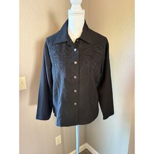 Tung Tai Womens L Black‎ Beaded Floral Embroidered Button Up Shacket